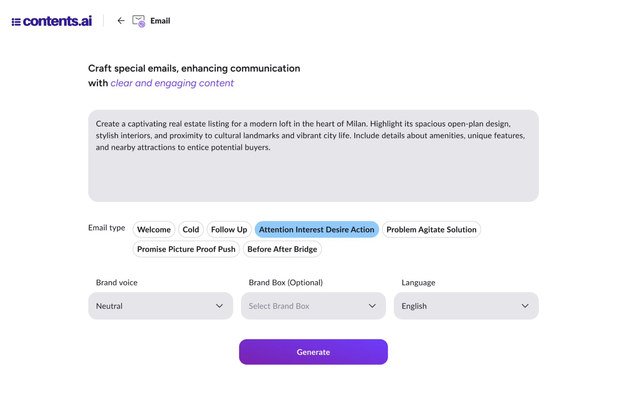 create emails with Contents AI
