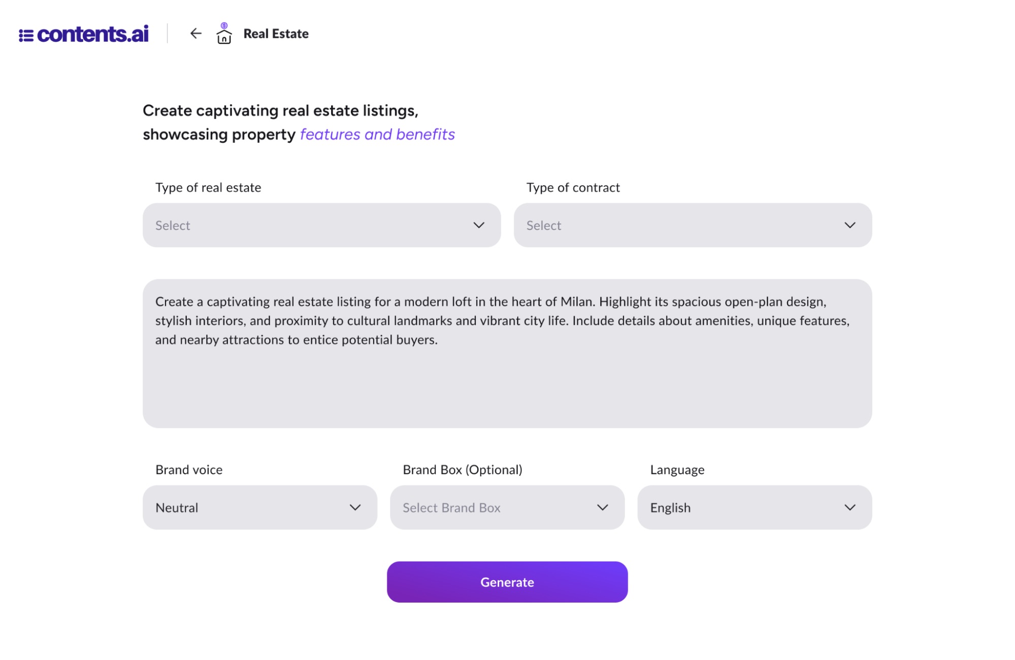 form real estate ad tool by contents