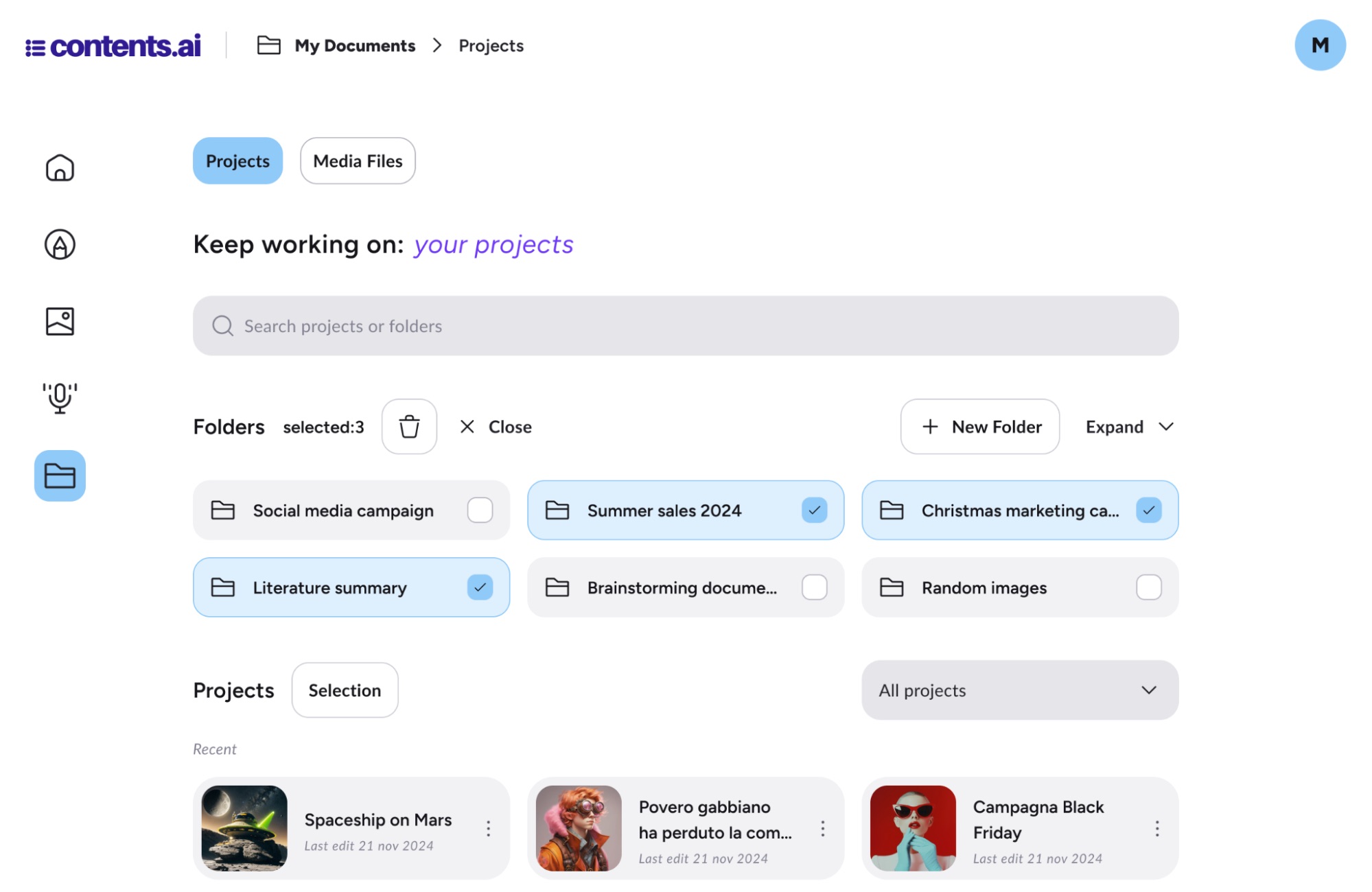 multi select action in contents AI